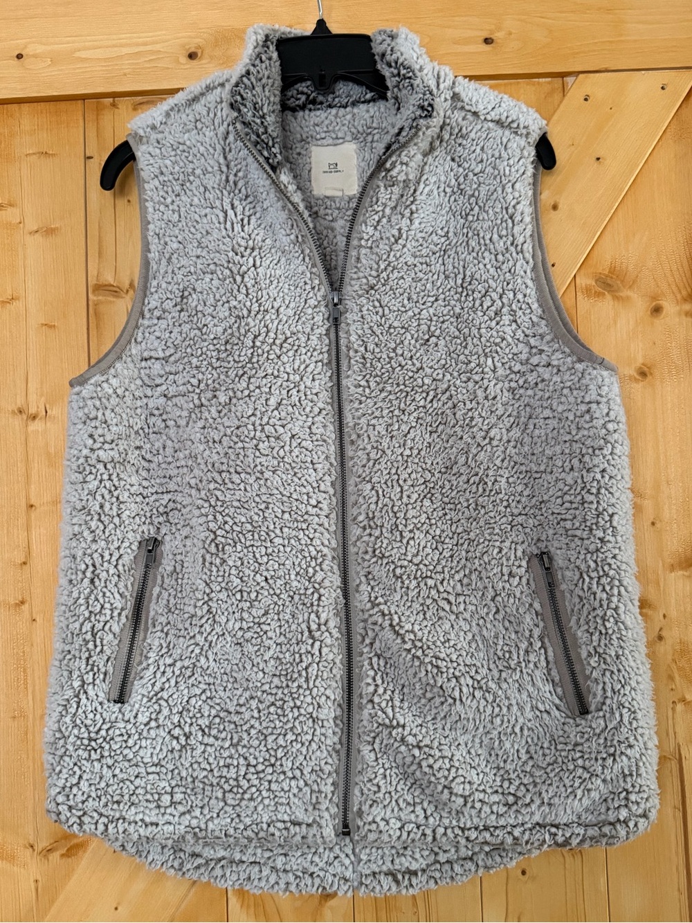 Thread‎ & Supply Ivory Cozy Sherpa Teddy Zip Up Vest Jacket Gray Trim - Medium